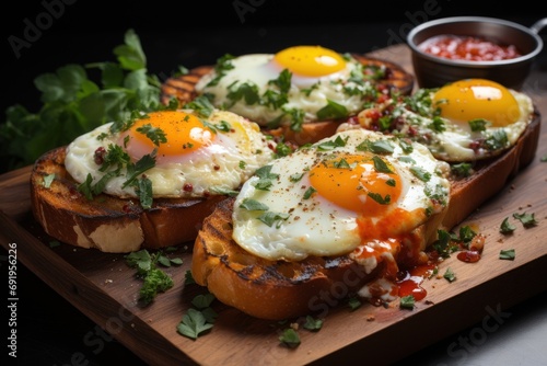  a close up of a plate of food with eggs on a piece of bread with a side of ketchup.