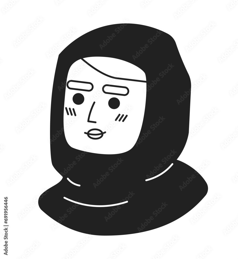 Black headscarf indian woman black and white 2D vector avatar illustration. South asian female with islamic veil outline cartoon character face isolated. Brunette flat user profile image, portrait Black headscarf indian woman black and white 2D vector avatar illustration. South asian female with islamic veil outline cartoon character face isolated. Brunette flat user profile image, portrait