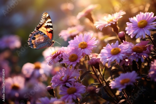  a close up of a butterfly on a flower with a blurry background of pink daisies and yellow daisies.