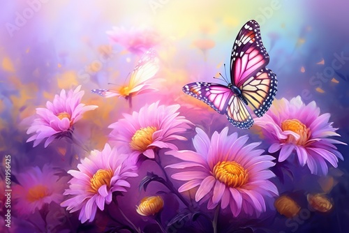  a painting of a butterfly flying over a field of pink daisies and daisies on a purple and yellow background. © Shanti