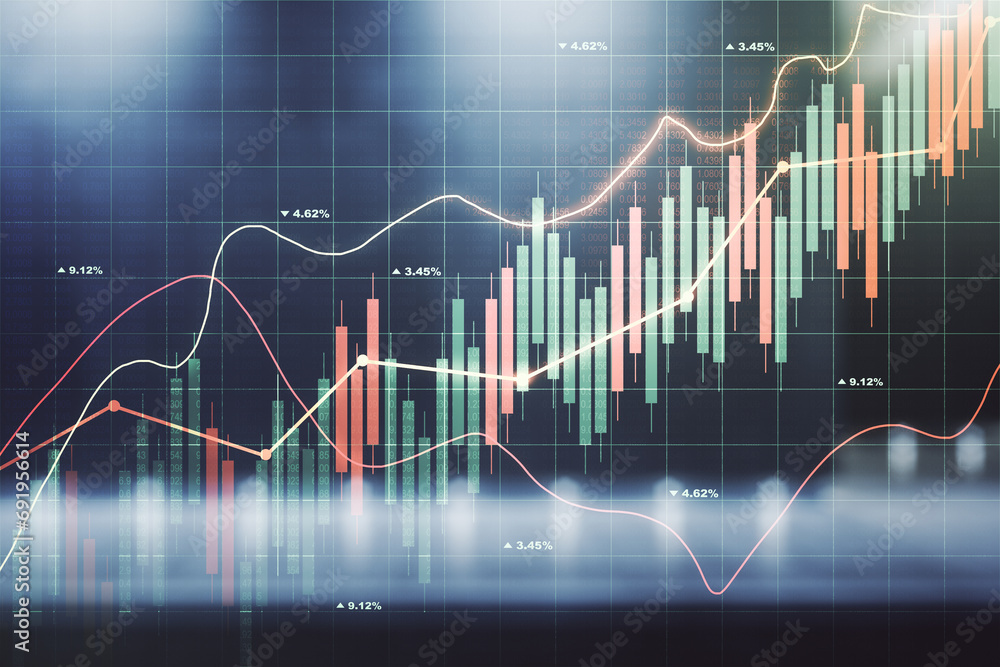 Double exposure of virtual creative financial diagram on contemporary business center exterior background, banking and accounting concept Double exposure of virtual creative financial diagram on contemporary business center exterior background, banking and accounting concept
