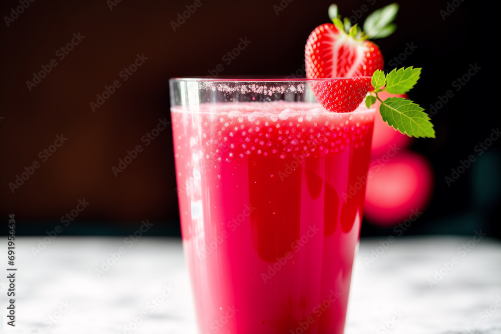 Fresh strawberry smoothie in a glass on a wooden table., closeup. Healthy food concept. Generative AI Fresh strawberry smoothie in a glass on a wooden table., closeup. Healthy food concept. Generative AI
