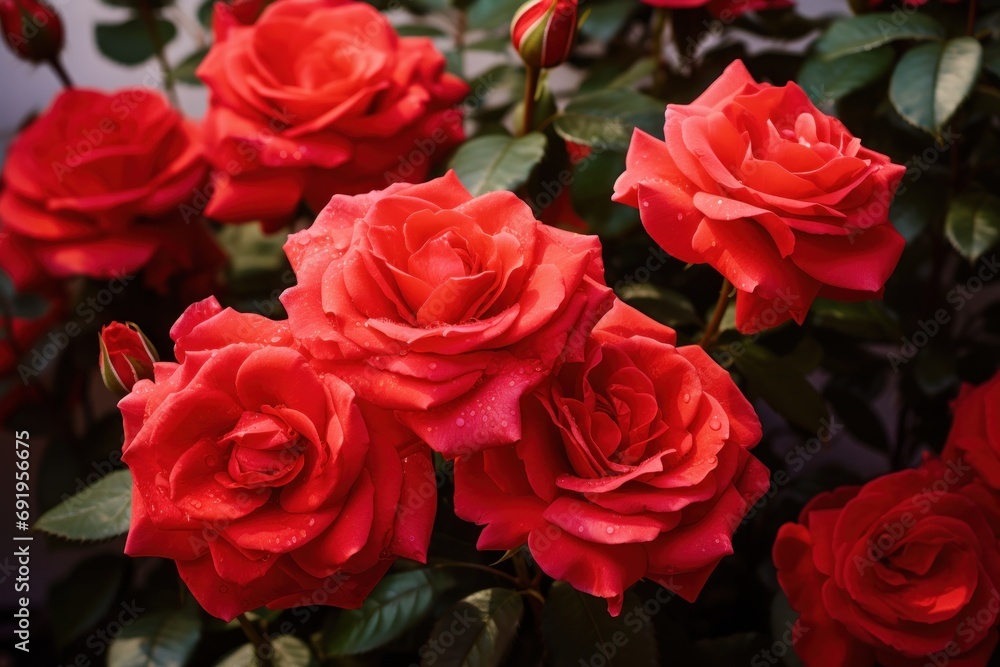 a close up of a bunch of red roses with water droplets on the petals and green leaves on the stems. a close up of a bunch of red roses with water droplets on the petals and green leaves on the stems.