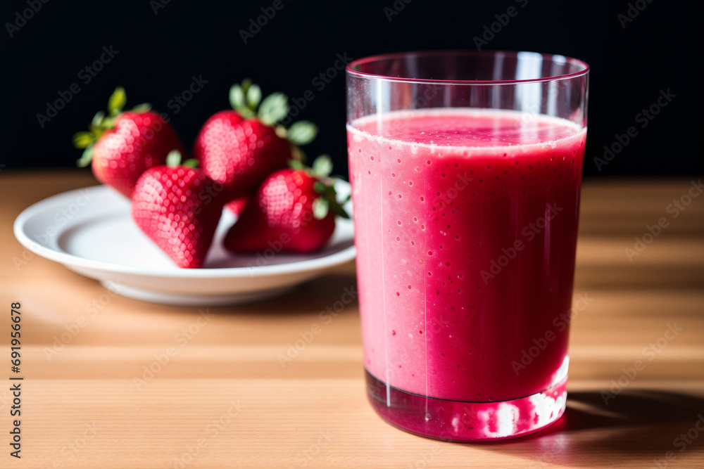 Fresh strawberry smoothie in a glass on a wooden table., closeup. Healthy food concept. Generative AI Fresh strawberry smoothie in a glass on a wooden table., closeup. Healthy food concept. Generative AI