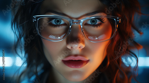 Portrait of Beautiful young woman with glasses in optician, eyesight health concept, choice of eyewear, optician medical shop, Selective focus