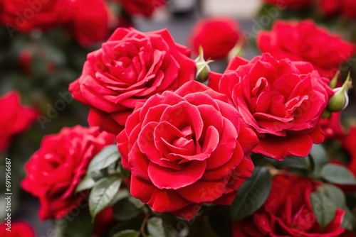  a close up of a bunch of red roses with green leaves in the foreground and a building in the background.