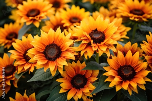  a large group of yellow sunflowers with green leaves in the foreground and yellow flowers in the background.