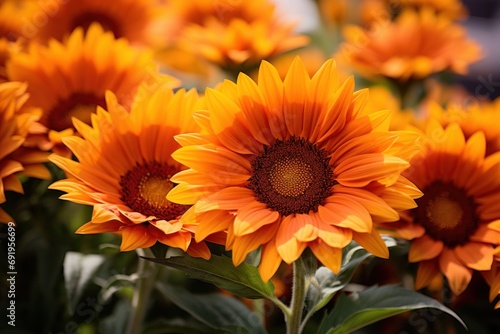  a close up of a bunch of sunflowers with a blurry image of the back of the sun in the background.