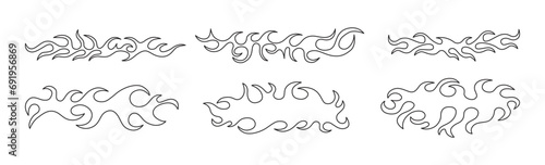 Vector design set, flames and fire, acid neo tribal shapes, y2k elements and abstract illustrations in gothic style, borders and frames for banners and prints
