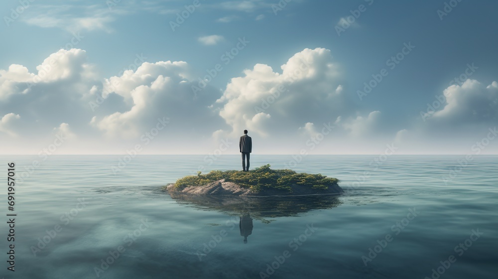 Standing alone concept with sad businessman standing alone on tiny island in the middle of the ocean - obrazy, fototapety, plakaty 