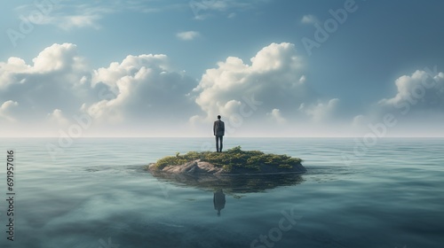 Standing alone concept with sad businessman standing alone on tiny island in the middle of the ocean