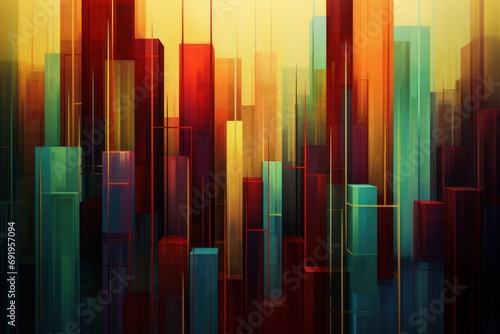  a multicolored abstract painting of a cityscape with tall buildings in the foreground and a yellow sky in the background.