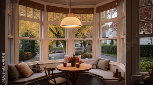 A cozy kitchen nook with a bay window, small round table, and hanging pendant lights