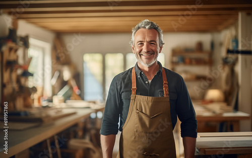 Portrait of smiling confident senior male carpenter in workshop