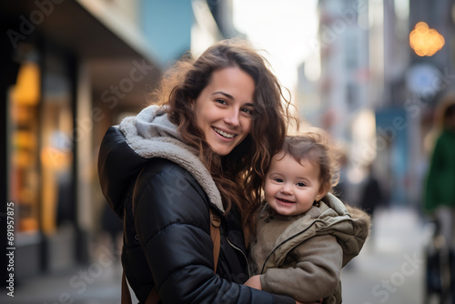 Happy smiling mother with baby girl in carrier walking through city