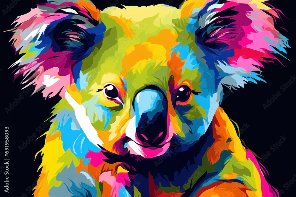  a colorful painting of a koala bear on a black background with the colors of the rainbow in the bear's eyes.