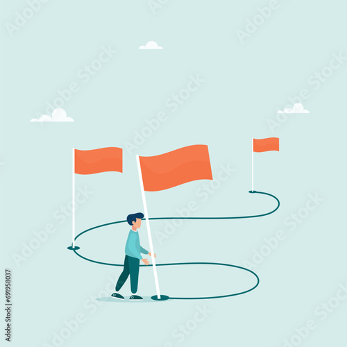 Business project milestones vector concept, journey or implementation to achieve business success. The guy holds a flag on the milestones reaching the goal. Vector illustration.
