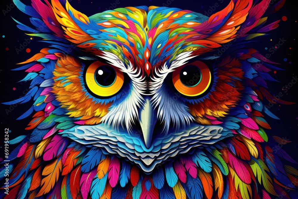 a brightly colored owl's face is shown in this colorful painting of an owl's face with large, orange, yellow, red, orange, blue, and green, and yellow eyes. a brightly colored owl's face is shown in this colorful painting of an owl's face with large, orange, yellow, red, orange, blue, and green, and yellow eyes.