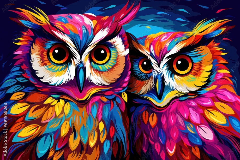 a painting of two colorful owls sitting next to each other on top of a blue background with a blue sky in the background. a painting of two colorful owls sitting next to each other on top of a blue background with a blue sky in the background.