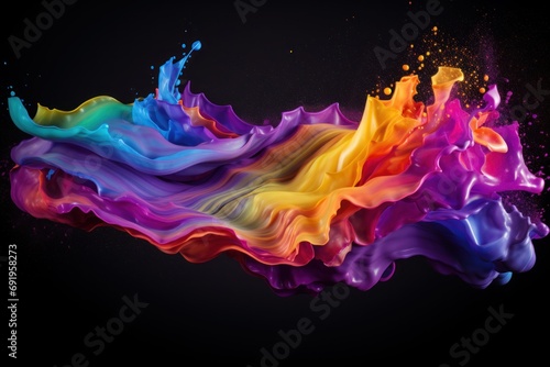  a multicolored stream of liquid on a black background with a splash of color on the bottom of the image.