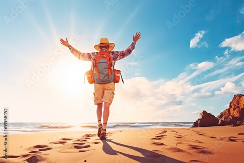 Young man stands on seashore outstretched arms capturing essence of freedom and success. Beautiful sunset paints sky with warmth reflecting joy of tropical vacation