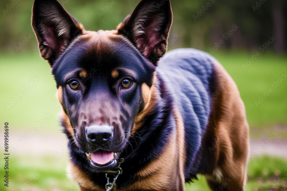 Portrait of a beautiful Belgian Shepherd dog in the park. Belgian Malinois.  Generative AI