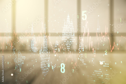 Double exposure of abstract creative financial chart hologram on empty modern office background, research and strategy concept