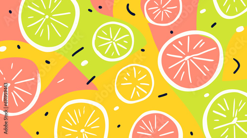 Minimalist Juicy citrus fruits pattern wallpaper. Poster, card, banner decoration background.