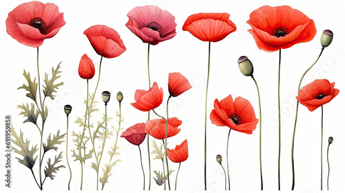 Colorful poppies on a white background.