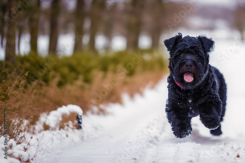 Portrait of a Cute Black Russian Terrier dog in the park. Generative AI