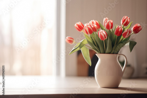 Vase with tulips on the table near the window. Copy space