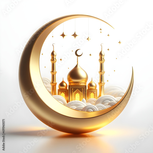 Gold Ramadan moon crescent with gift boxes, Eid gifts, golden mosque, Ramadan ornament elements PNG