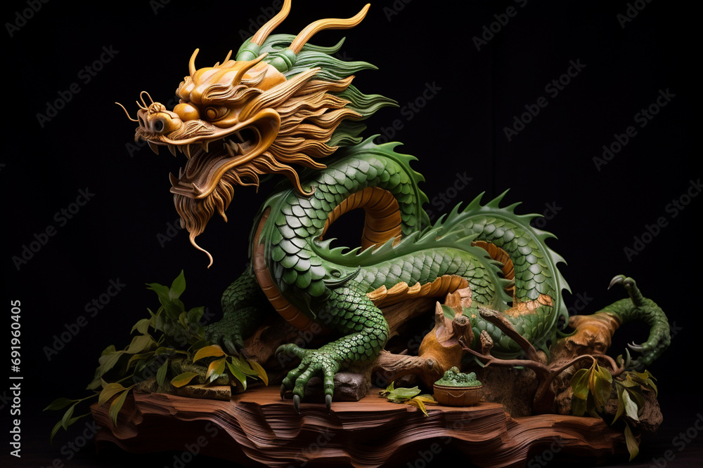 Chinese wooden dragon, green, dragon statuette, symbol of the year 2024