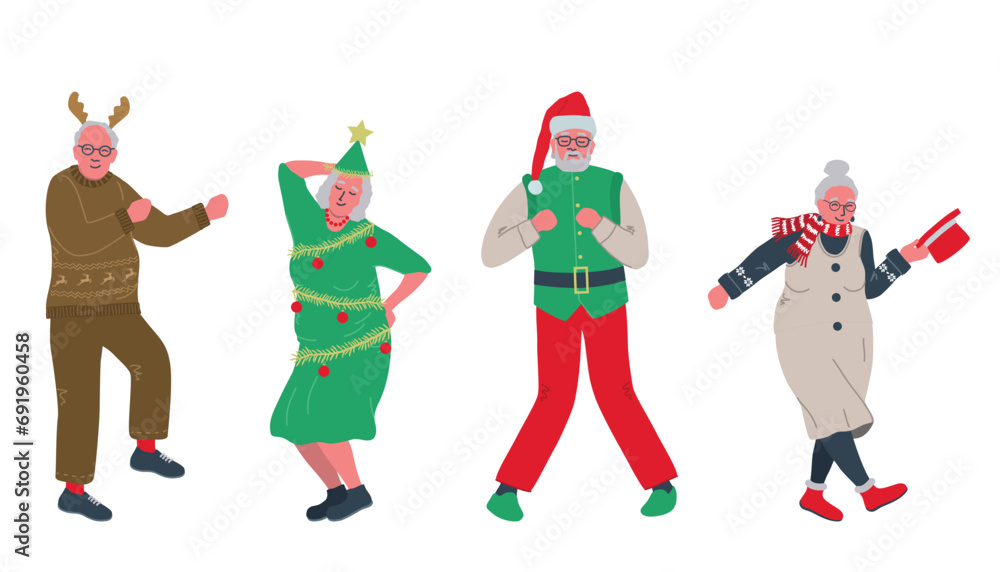 Christmas party. Elderly people in Christmas costumes are dancing and having fun. Positive active seniors. Santa Claus, Christmas tree, Snow woman and Deer. Vector illustration