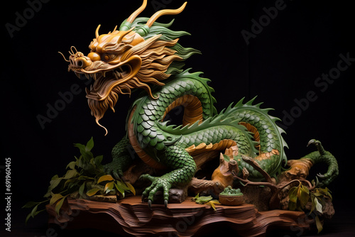 Chinese wooden dragon  green  dragon statuette  symbol of the year 2024