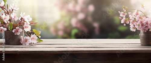 Empty wooden table, display with spring nature theme background. Beautiful blooming cherry branches. Wide banner with copy space for product presentation, showcase.