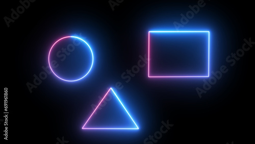 Geometry Neon lights in the room. Game symbols PlayStation 5 icons on a black background. triangle square circle. Flickers. Seamless loop, 3d animation in 4K