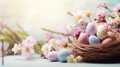 Beautiful pastel color Easter eggs and flowers in a basket with copy space. Colorful spring theme background.