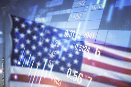 Double exposure of virtual creative financial diagram on US flag and blue sky background, banking and accounting concept