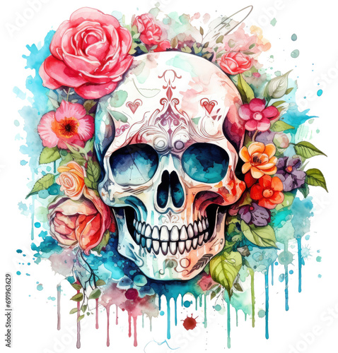 a watercolor skull and flowers, with a red rose on it