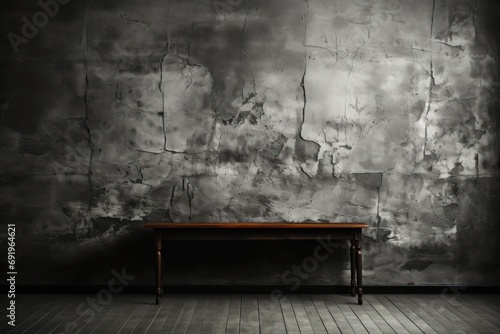  a black and white photo of a bench in front of a wall with a large painting of clouds on it.