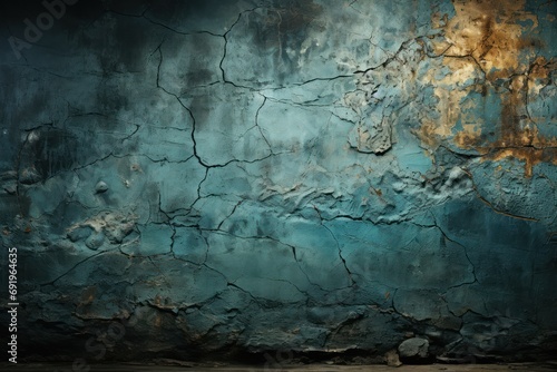  a grungy textured wall with blue and yellow paint on it s sides and a yellow and white fire hydrant on the other side of the wall.