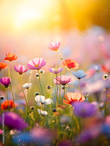 Colorful spring flowers on a meadow, blurry sunlight background  © TatjanaMeininger