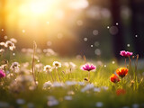 Colorful spring flowers on a meadow, blurry sunlight background 