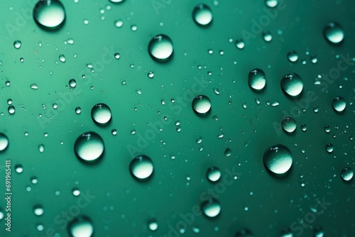  a close up of water droplets on a green surface with a blue sky in the background and a green sky in the foreground.