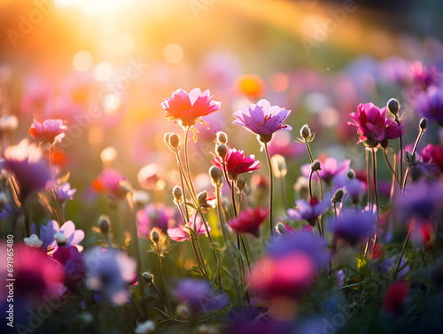 Colorful spring flowers on a meadow  blurry sunlight background 