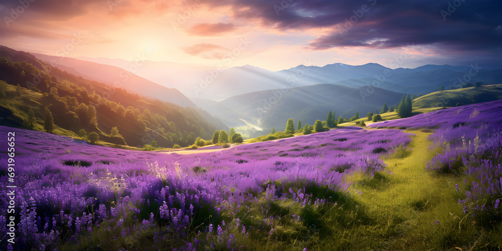 Wild purple lavender flowers in a meadow at sunset, hills in background
