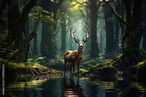  a deer standing in the middle of a forest next to a body of water with trees on both sides of it.