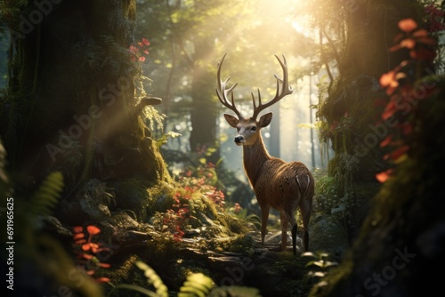  a deer standing in the middle of a forest with bright sunlight coming through the trees and flowers on the ground.