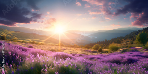 Wild purple lavender flowers in a meadow at sunset, hills in background